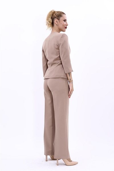 ÖNDER ÖZSOY Plus Size V-Neck Short Jacket and Wide Leg Pants Set-Stone