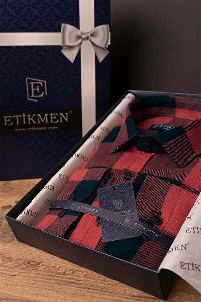 Etikmen Férfi ing - piros fekete, karcsú, favágó díszdoboz