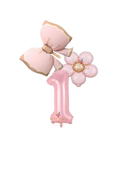 BEST PARTİ DOĞUM GÜNÜ PARTİ SÜSLERİ Best Pembe Renk Fiyonk Papatya ve Rakam Folyo Balon Seti Yaş 1