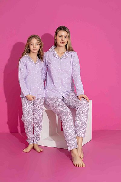 ETHEM TEKSTİL Women's Purple Polka Dot Collar Printed Front Buttoned Mother-Daughter Combination Pajama Set