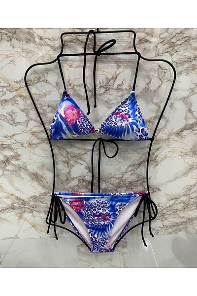 XORVİO Women's New Season Lycra Stretchy Halter Neck Stylish Drawstring Triangle Blue Rose Pattern Bikini Set