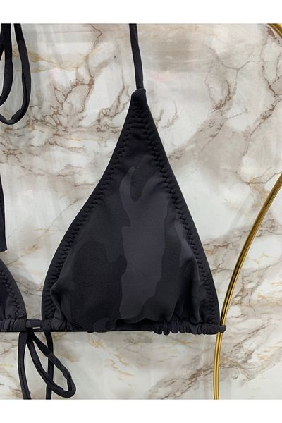 XORVİO Women's New Season Lycra Stretchy Halter Neck Stylish Drawstring Triangle Black Camouflage Pattern Bikini Set