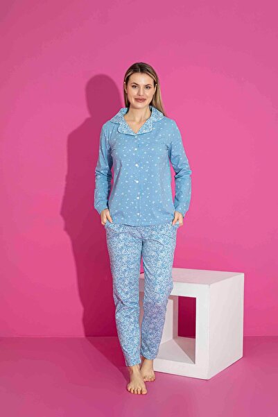 ETHEM TEKSTİL Kadın Mix Desenli Önden Düğmeli Mavi Anne-kız Kombin Pijama Takımı