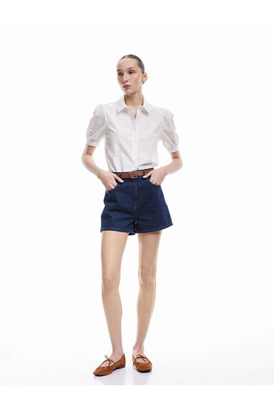 Koton New Season Cotton Classic Collar Short Balloon Sleeve Scallop Detailed Poplin Crop Shirt