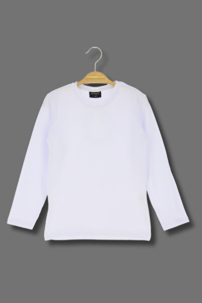 Modanguzel Çocuk Pamuklu Penye Uzun Kol Tişört / Basic Beyaz-beyaz