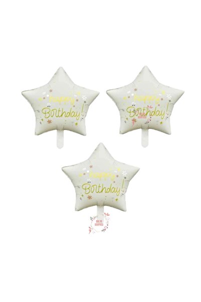 BAL10 DÜNYASI Bal10 Cream Color Happy Birthday Written Star Foil Balloon 3 Pi...