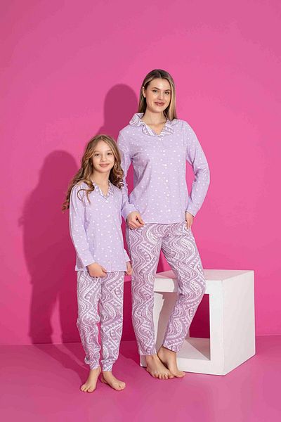 ETHEM TEKSTİL Women's Purple Polka Dot Collar Printed Front Buttoned Mother-Daughter Combination Pajama Set