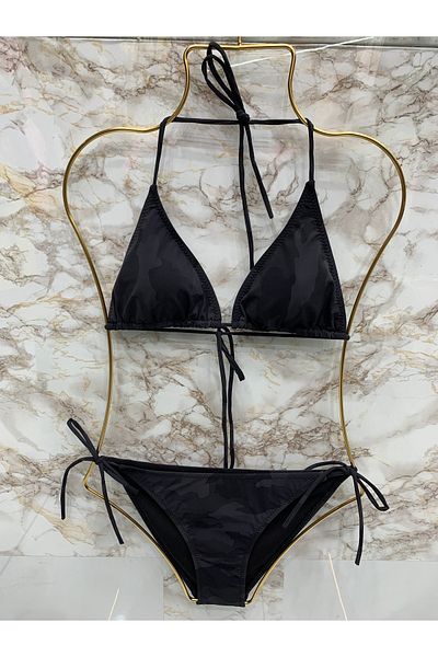 XORVİO Women's New Season Lycra Stretchy Halter Neck Stylish Drawstring Triangle Black Camouflage Pattern Bikini Set