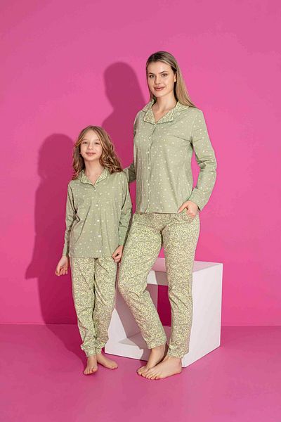 ETHEM TEKSTİL Women's Mix Patterned Front Buttoned Khaki Color Mother-Daughter Combination Pajama Set
