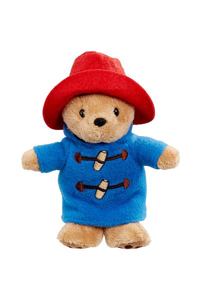 Rainbow Paddington Bear with blue coat, 17 cm