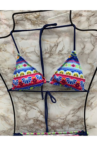 XORVİO Women's Tulip Pattern New Season Lycra Stretchy Side and Neck Tie Stylish Drawstring Triangle Bikini Set