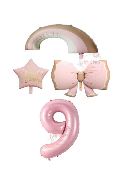 Generic Brand Pink Color Bow Rainbow Star and Number Foil Balloon Set Age 9