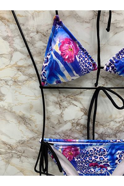XORVİO Women's New Season Lycra Stretchy Halter Neck Stylish Drawstring Triangle Blue Rose Pattern Bikini Set