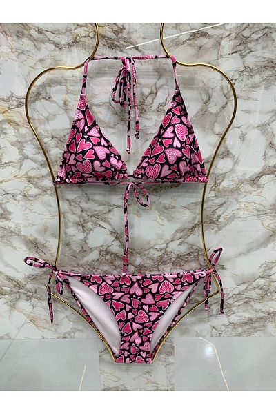 XORVİO Women's New Season Lycra Stretchy Side and Neck Tie Stylish Drawstring Triangle Pink Heart Bikini Set