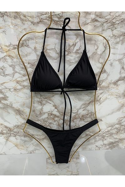 XORVİO Women's New Season Lycra Flexible Bottom Brazillan Halter Neck Stylish Drawstring Triangle Black Bikini Set