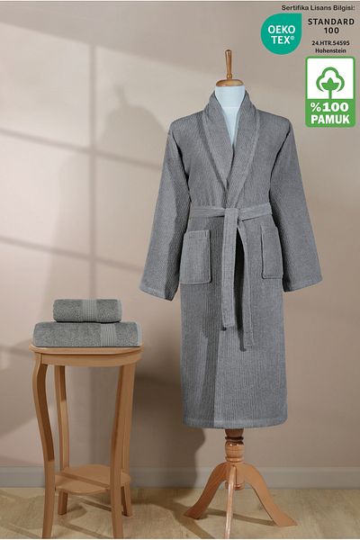 Ellaline Σετ ριγέ μπουρνούζι 100% βαμβάκι πιστοποιημένο 3 τεμαχίων σαλιάρα μπουρνούζι και σετ πετσετών κεφαλιού γκρι χρώμα
