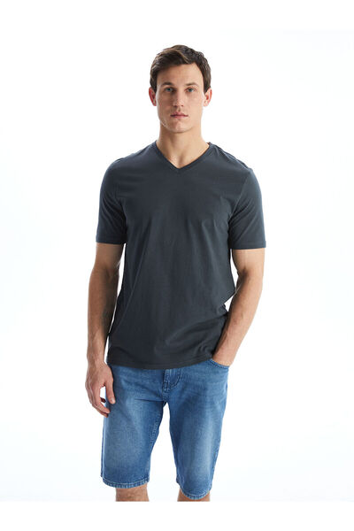 LC Waikiki Nevavm with Difference V-Neck Short Sleeve Combed Cotton Men's T-S...