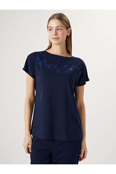 LC Waikiki Lacivert Bisiklet Yaka Pul Payetli Kadın Tişört