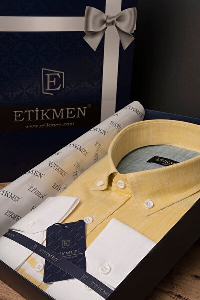 Etikmen Paneled Yellow Green Slimfit Linen Men's Shirt