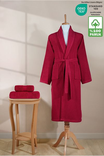 Ellaline Striped Bathrobe Set 100% Cotton Certified 3 Piece Shawl Bathrobe and Head Towel Set Claret Red