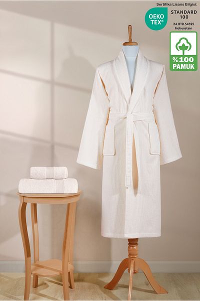 Ellaline Σετ ριγέ μπουρνούζι 100% βαμβάκι πιστοποιημένο 3 τεμαχίων σαλιάρα μπουρνούζι και σετ πετσετών κεφαλιού Κρεμ χρώμα