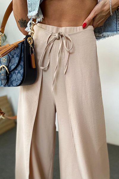 FASHION COCKTAIL Γυναικείο καλοκαιρινό παντελόνι με κρυφό σχιστό λεπτομερές δεμένο Bohemian Hippie Style ψηλόμεσο casual λινό