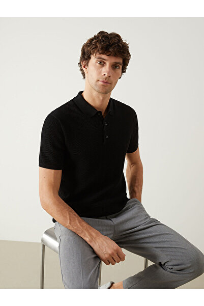 LC Waikiki SOUTHBLUE Schwarzer Herren-Strickpullover mit Polokragen und kurze...