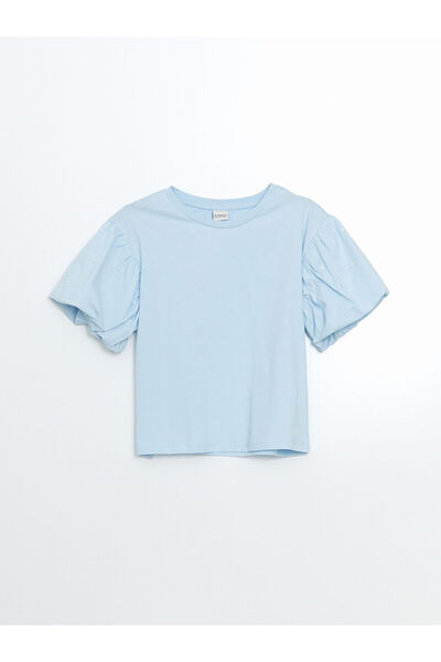 LC Waikiki Tricou crop pentru fete cu decolteu rotund de sezon nou cu strasur...