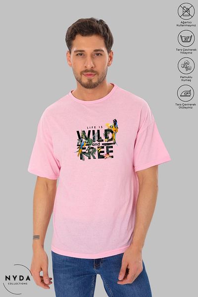 Nyda Collections Unisex Crew Neck Wild and Free εμπριμέ βαμβακερό μπλουζάκι με κοντό μανίκι