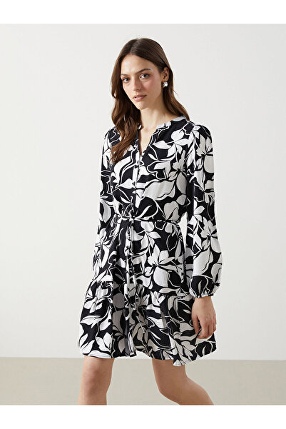 LC Waikiki Γυναικείο φόρεμα πουκάμισο με μαύρο μοτίβο με λαιμόκοψη