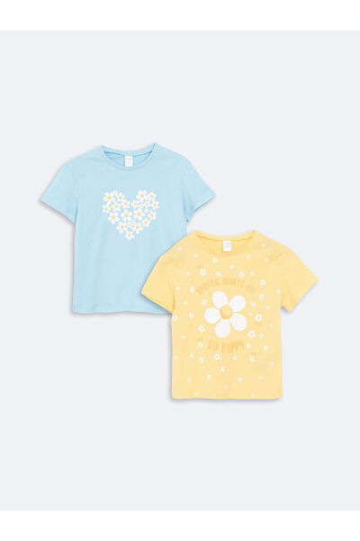 LC Waikiki تي شيرت بناتي مطبوع برقبة دائرية من LCW Kids، عبوة من قطعتين