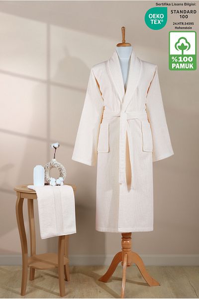 Ellaline Σετ ριγέ μπουρνούζι 100% βαμβάκι πιστοποιημένο 2 τεμαχίων, κρέμα σετ μπουρνούζι και πετσέτας κεφαλιού Shalyaka