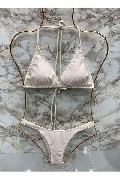 XORVİO Women's New Season Lycra Flexible Bottom Brazillan Halter Neck Stylish Drawstring Triangle Cream Bikini Set