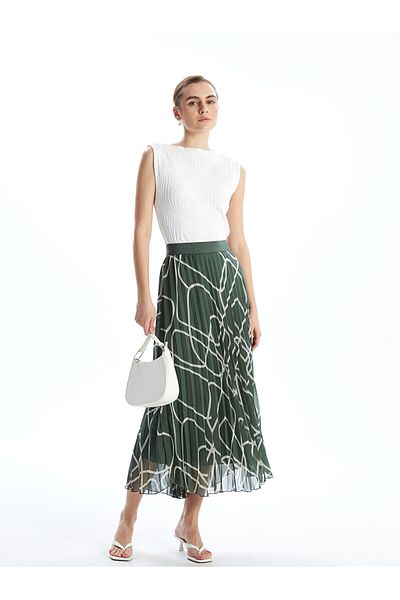 LC Waikiki Patterned Chiffon Women's Pleated Skirt with Elastic Waist