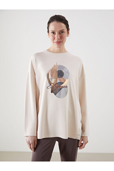 LC Waikiki Bej Baskılı Oversize Kadın Sweatshirt Tunik