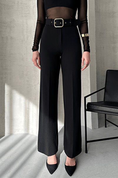 Paw Garage Women's Bella Belt Detailed Lycra Fabric Palazzo Trousers