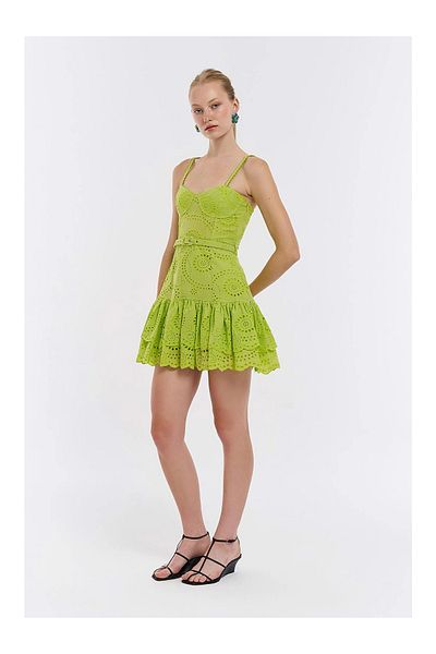 FASHION COCKTAIL Strappy Lace Guipure Embossed Ruffled Back Flexible Elastic Mini Neon Phosphor Color Summer Dress