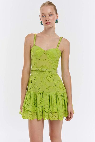FASHION COCKTAIL Strappy Lace Guipure Embossed Ruffled Back Flexible Elastic Mini Neon Phosphor Color Summer Dress