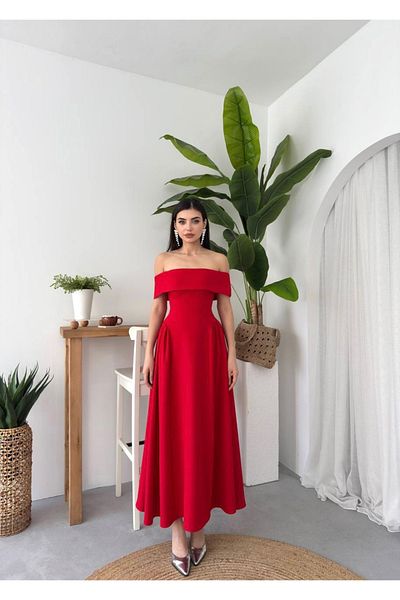 Afiş Butik Red Madonna Collar Pleated Long Dress