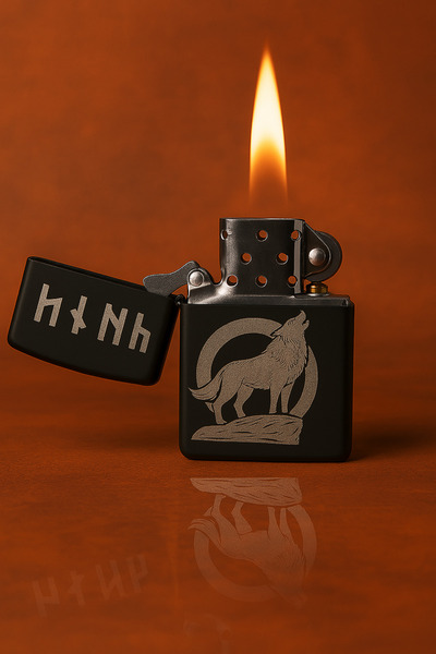 3D Baskı flx Kişiye Özel Kurt ve Runik Yazı İşlemeli Siyah Metal Çakmak – Laz...