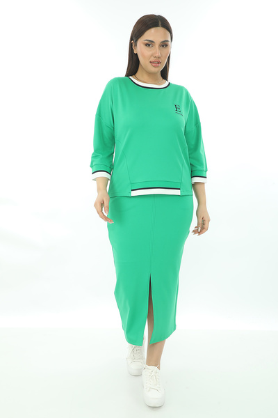 EXİTLİNE Women's Printed Double Color Stripe Green Skirt Suit