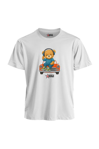 JDM Kod Trend Jdm Teddy Bear with Car Printed New Season Loose Cut T-Shirt T-Shirt