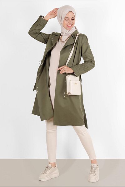 Alvina Snap Fastener Waist Belted Trench Coat - 10598