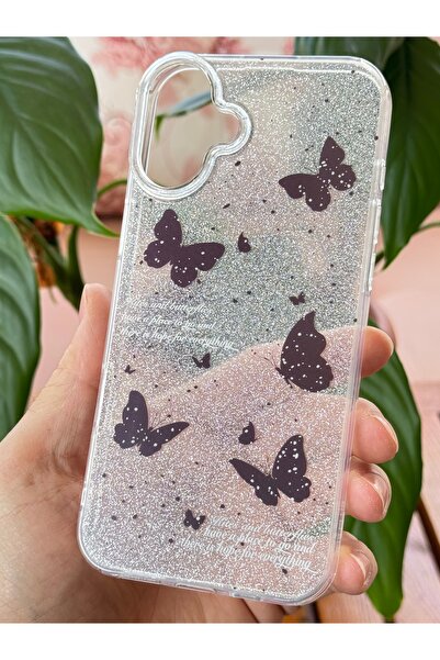Fibaks Apple iphone 16 compatible case glitter black butterfly patterned colorful glossy shock absorbing cover