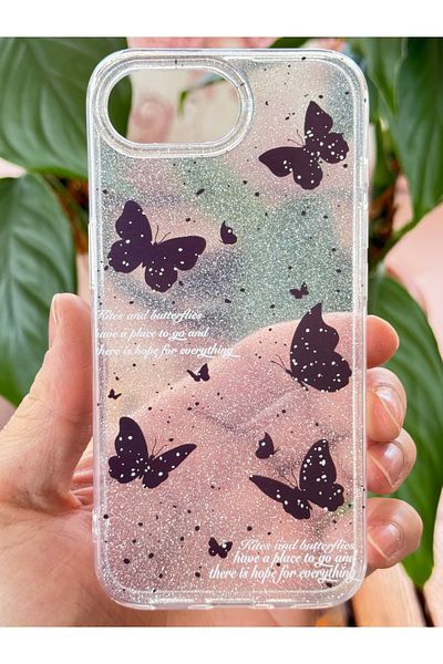 Fibaks غطاء متوافق مع هاتف Apple iPhone 16E، لون أسود لامع مع نمط الفراشة، غطاء مشرق يمتص الصدمات