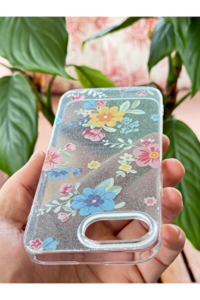 Fibaks Apple iphone 16e compatible case blue glitter flower pattern colorful bright shock absorbing cover
