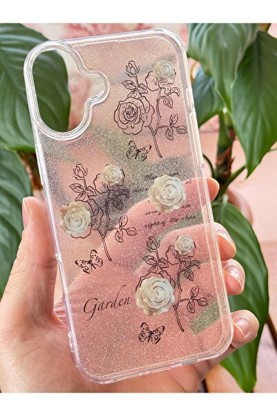 Fibaks Apple iphone 16 plus compatible case glittery white rose patterned colorful glossy shock absorbing cover