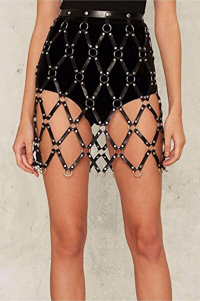 Angels Passion Siyah Etek Deri Kafes Yapılı Perçinli Halka Detaylı Harness Ak...