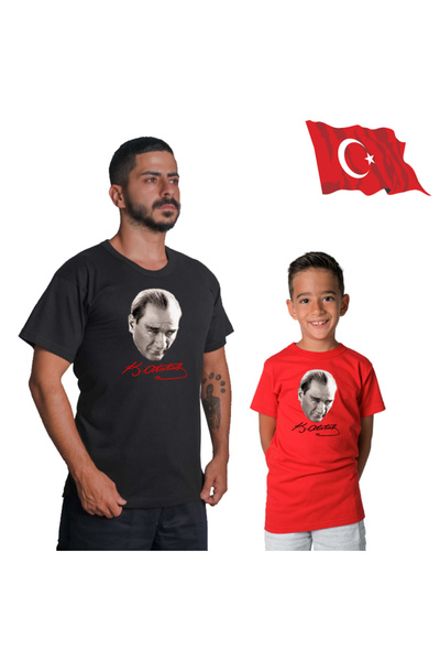 HediyeMania Tricou cu semnătură Ataturk cu imprimeu pentru adulți negru și co...