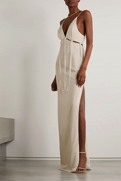FASHION COCKTAIL Long Fringe Window Thin Strap V-Neck Linen Maxi Cocktail Long Natural Linen Dress
